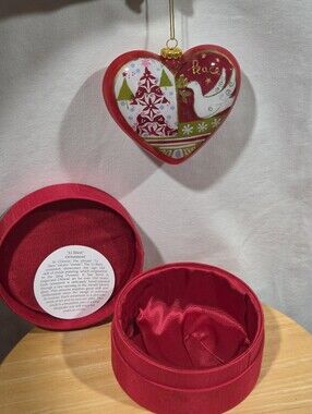 Pier 1 Li Bien Peace Love Dove Heart Hand Painted Glass Christmas Ornament w Box